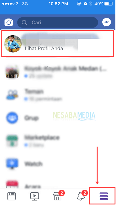 pressione o menu do facebook 