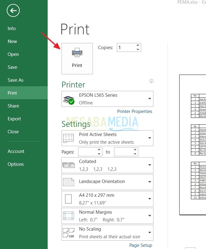 Excel sayfalarını yatay olarak yazdırma