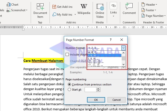 Sådan opretter du en side i Word 2010 med romertal