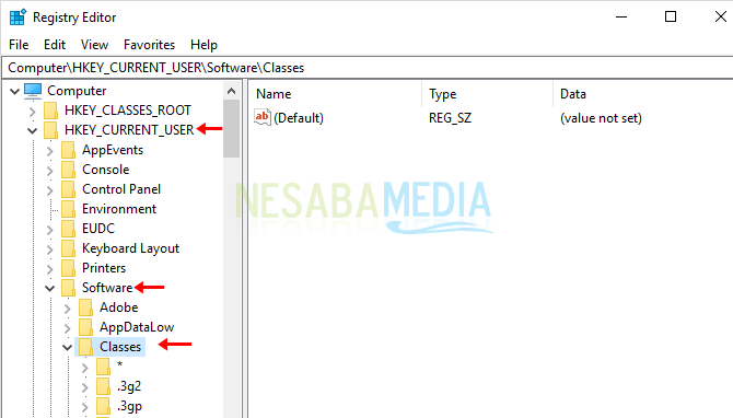 שיטה 2 - פתוח HKEY_CURRENT_USER, תוכנה, שיעורים