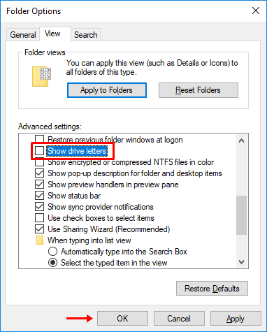 5 - ยกเลิกการเลือกตัวอักษรแสดงไดรฟ์จากนั้นตกลง