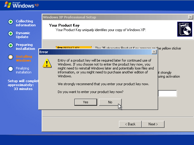 pasirinkite Ne, kad suaktyvintumėte „Windows XP“