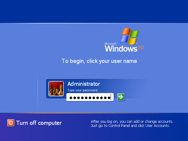 Ievadiet administratora paroli, lai ievadītu Windows XP darbvirsmā